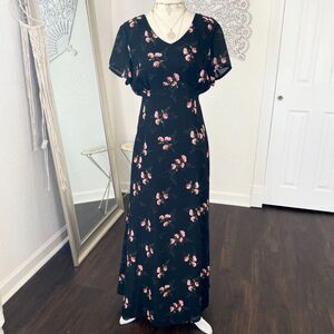 Romantic Coquette Cottage Core Milkmaid Black Pink Flower Floral Mesh Maxi Dress